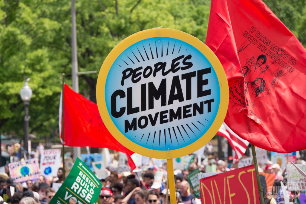 A view of signs from a climate change march demanding climate protection policies. 