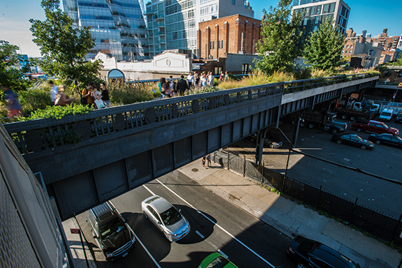 A view of the High Line, a raised linear park in New York City. The park represents a key green infrastructure asset. 