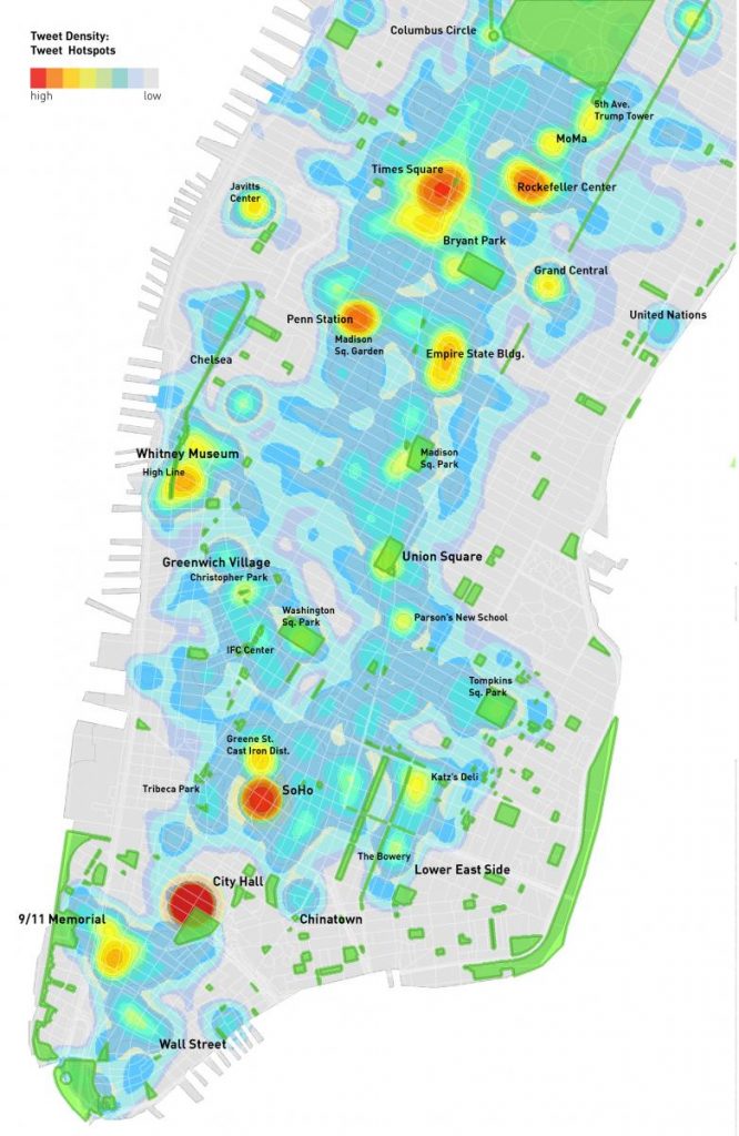 A map of twitter density analysis in Manhattan as an example of social media uses for urban design and planning purposes.