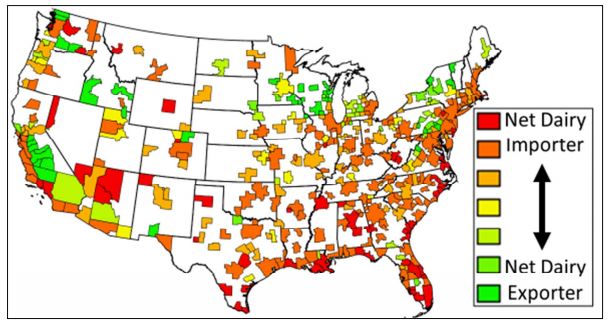 Map depicting whether metro areas are net dairy importers, net dairy exporters or somewhere in between. A view of 377 US metros.